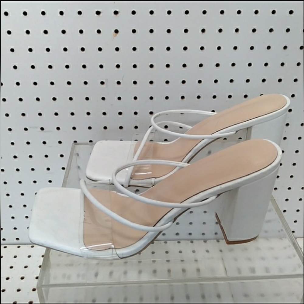 White Sandals | Women Strappy High Chunky Block Heel Pump Square-toe